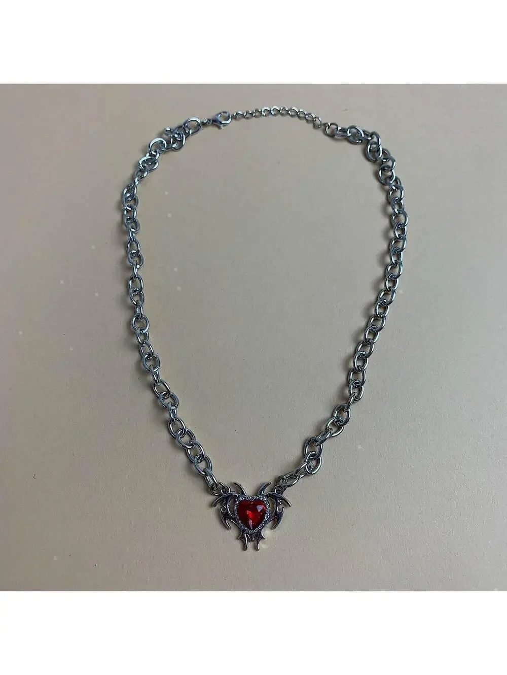 Red heart shaped opal love pendant thick chain y2k 2000s opium style necklace ch